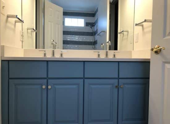 gorgeous blue cabinets as part of a bathroom vanity for a maryland bathroom remodel