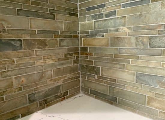 grey blue brown tan shower tile installation